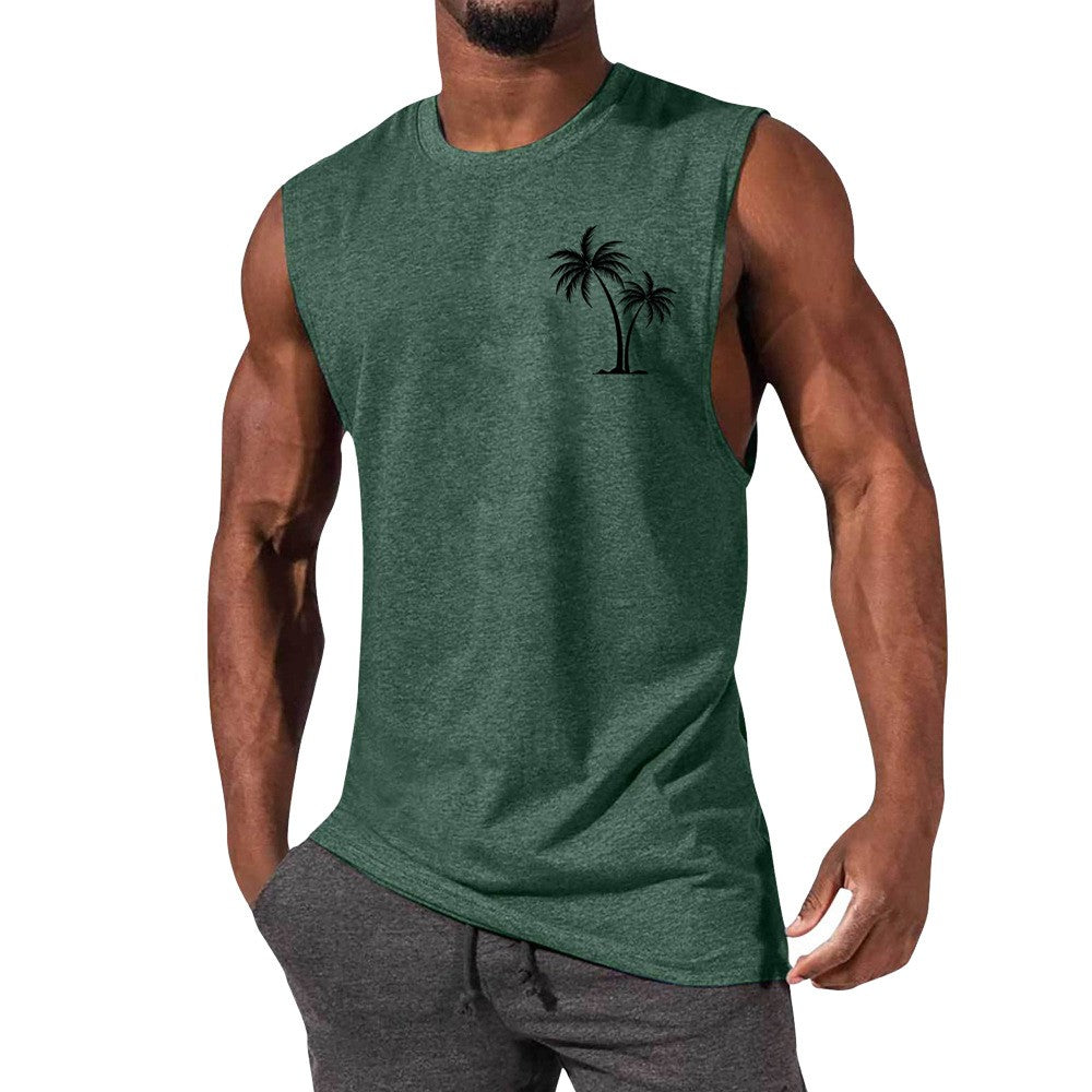 Coconut Tree Embroidery Vest Summer Beach Tank Tops Workout Muscle Men Sports Fitness T-shirt - Gymlalla
