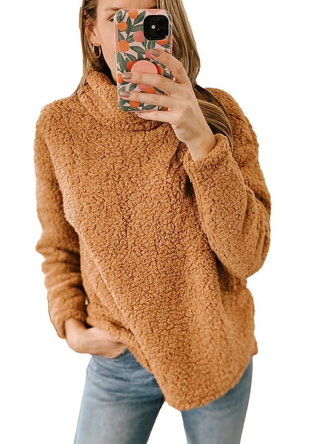 Women's Clothing New Furry Turtleneck Solid Color Hoodie Plush Top Women - Gymlalla