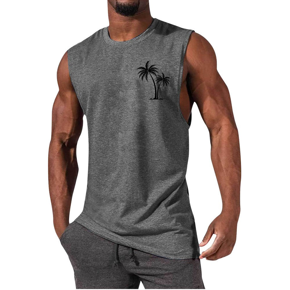 Coconut Tree Embroidery Vest Summer Beach Tank Tops Workout Muscle Men Sports Fitness T-shirt - Gymlalla