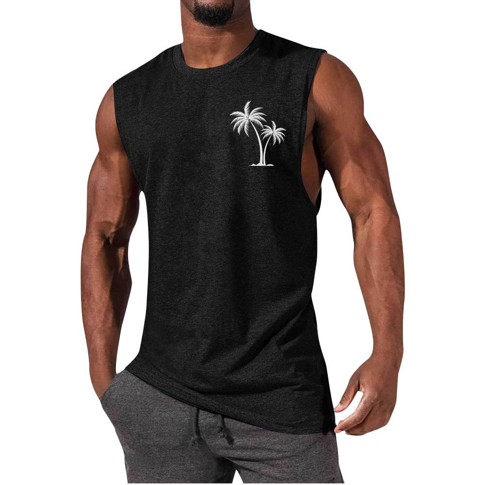 Coconut Tree Embroidery Vest Summer Beach Tank Tops Workout Muscle Men Sports Fitness T-shirt - Gymlalla