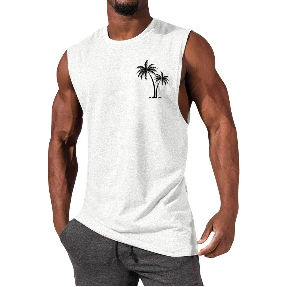 Coconut Tree Embroidery Vest Summer Beach Tank Tops Workout Muscle Men Sports Fitness T-shirt - Gymlalla