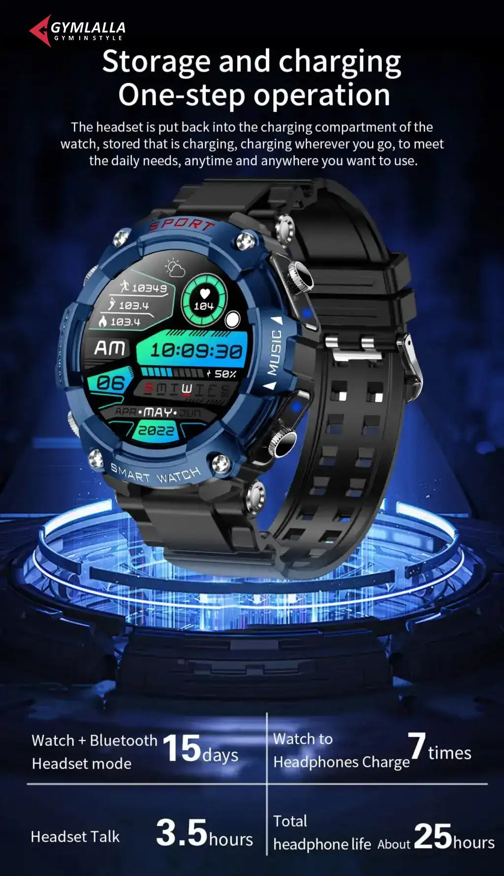 Smart Watch with built in Earbuds New Release by Gymlalla - Gymlalla