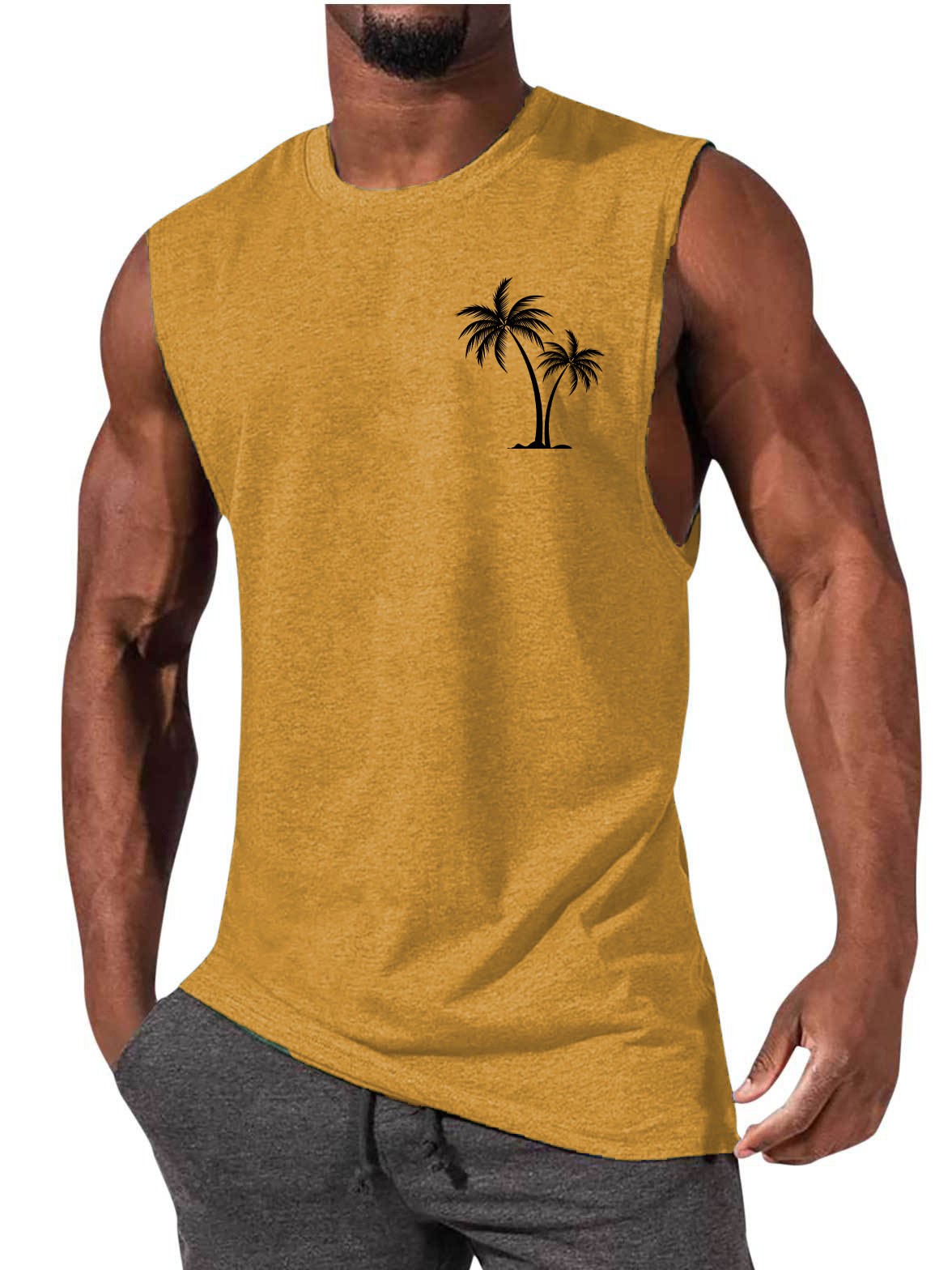 Coconut Tree Embroidery Vest Summer Beach Tank Tops Workout Muscle Men Sports Fitness T-shirt - Gymlalla