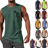 Coconut Tree Embroidery Vest Summer Beach Tank Tops Workout Muscle Men Sports Fitness T-shirt - Gymlalla