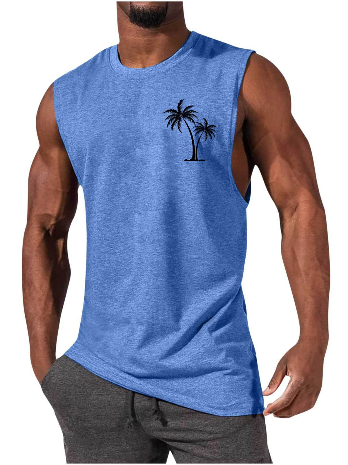 Coconut Tree Embroidery Vest Summer Beach Tank Tops Workout Muscle Men Sports Fitness T-shirt - Gymlalla