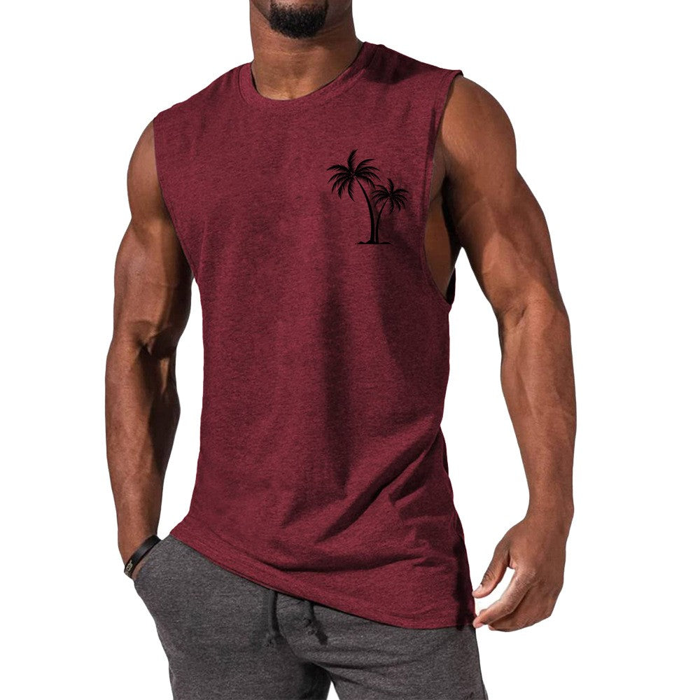 Coconut Tree Embroidery Vest Summer Beach Tank Tops Workout Muscle Men Sports Fitness T-shirt - Gymlalla