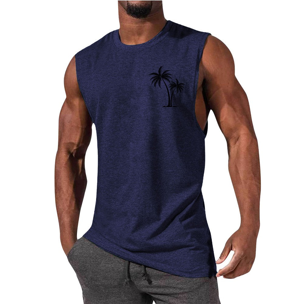 Coconut Tree Embroidery Vest Summer Beach Tank Tops Workout Muscle Men Sports Fitness T-shirt - Gymlalla